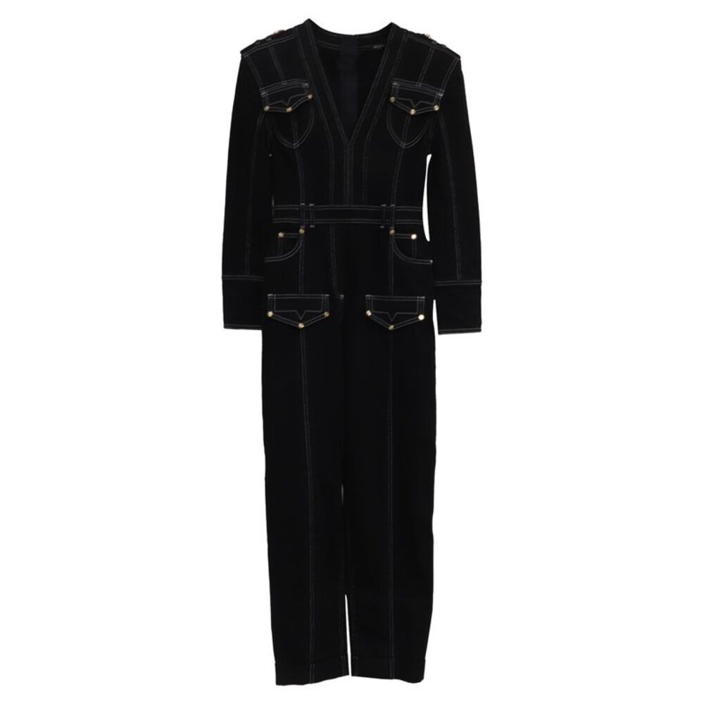 Balmain V-Neck Denim Jumpsuit in Black Cotton